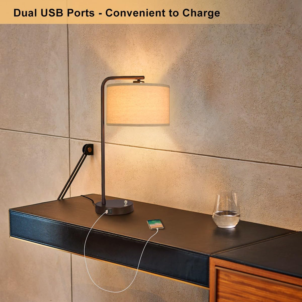 Table Lamps Set of 2, Fully Dimmable Bedside Lamp with USB C+A Charging Ports, Modern Nightstand Lamps with Linen Fabric Shades, Tall…
