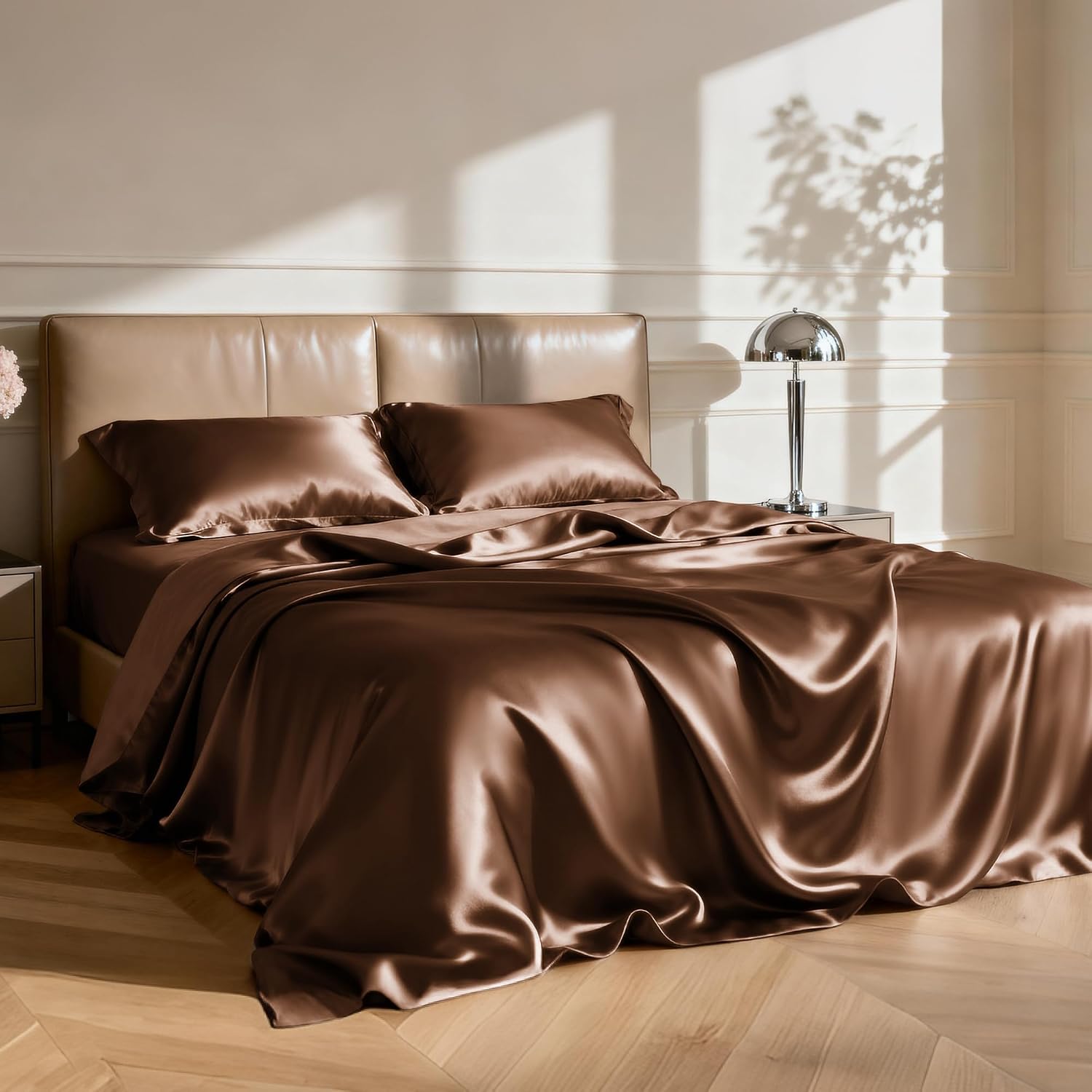 Lovescabin Love's cabin 4Piece California King Satin Bed Linen Set, Brown Silky Satin Sheets, Deep Pocket, Luxury Silk Feel, 1 Flat, 1 Fitt…