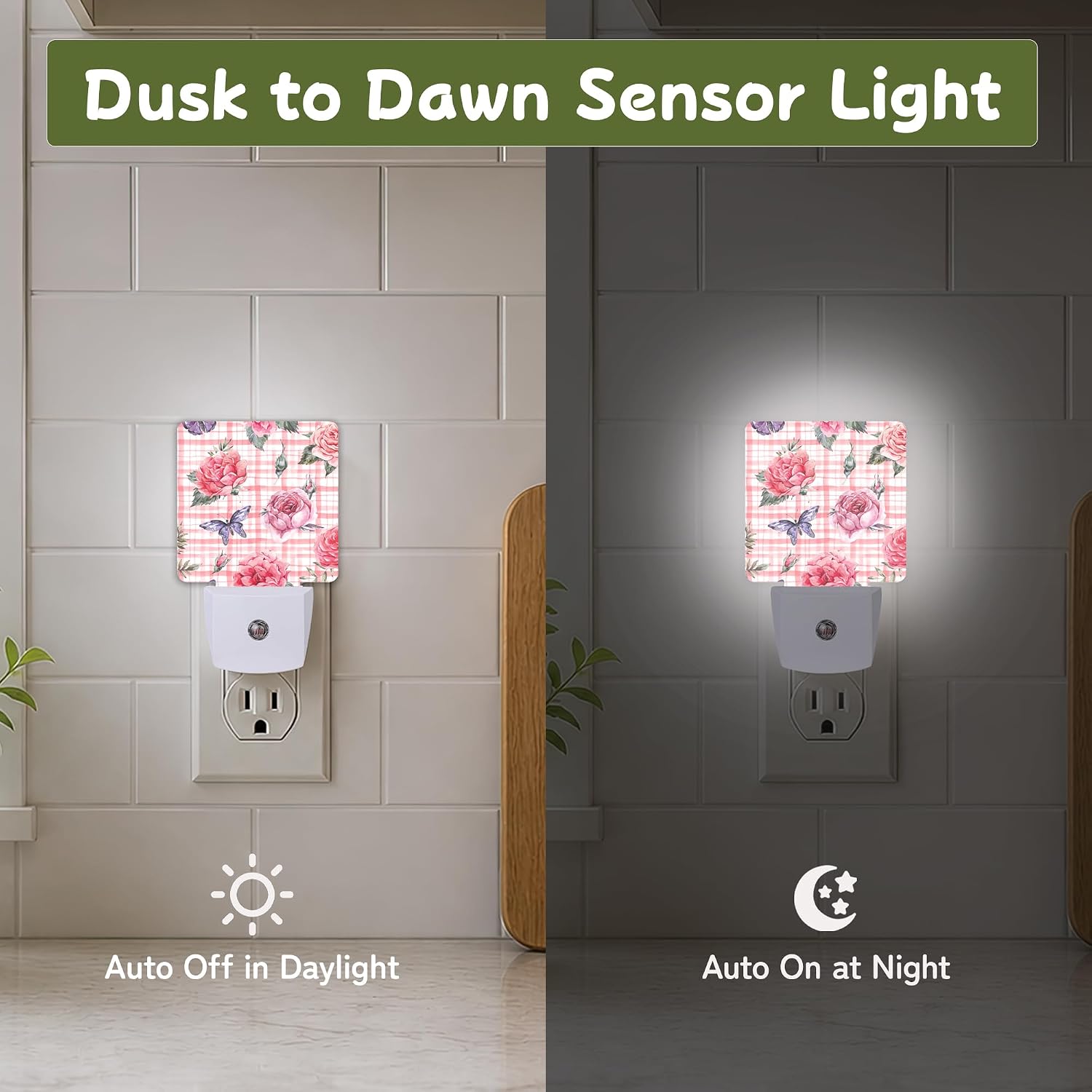 Pink Floral Gingham Night Lights Plug into Wall, Night Light for Bedroom Bathroom Hallway Kitchen, Auto Dusk to Dawn Sensor Decorative…