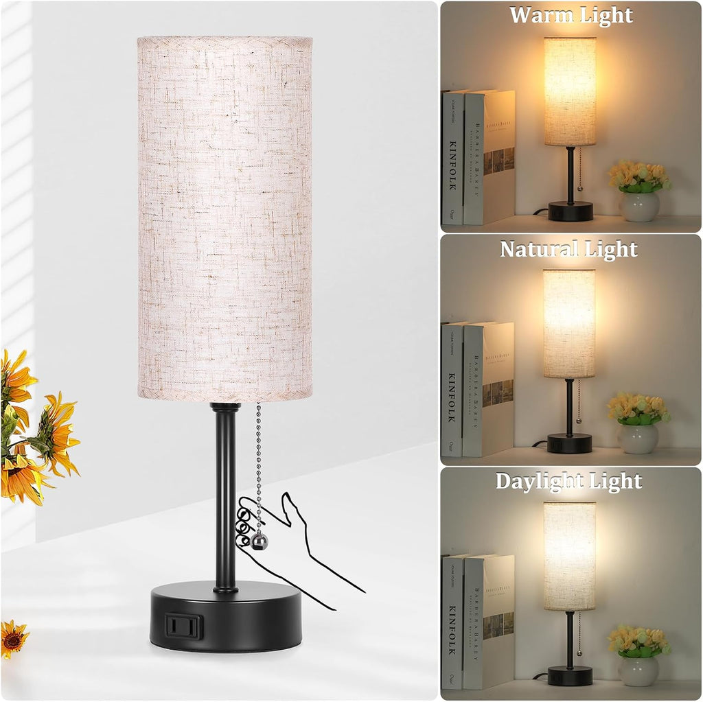 Bedside Table Lamp for Bedroom, 3-Color Small Lamps with Pull Chain, Bedroom Table Lamps for Night stands, Desk Reading Light AC Outlet…