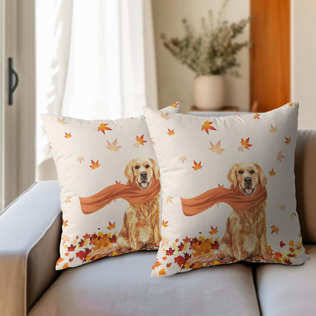 Golden Retriever Dog Fall Throw Pillow Cover Autumn Maple Leaves Farmhouse Pillowcase Cute Pet Modern Thanksgiving Decorative Pillow…