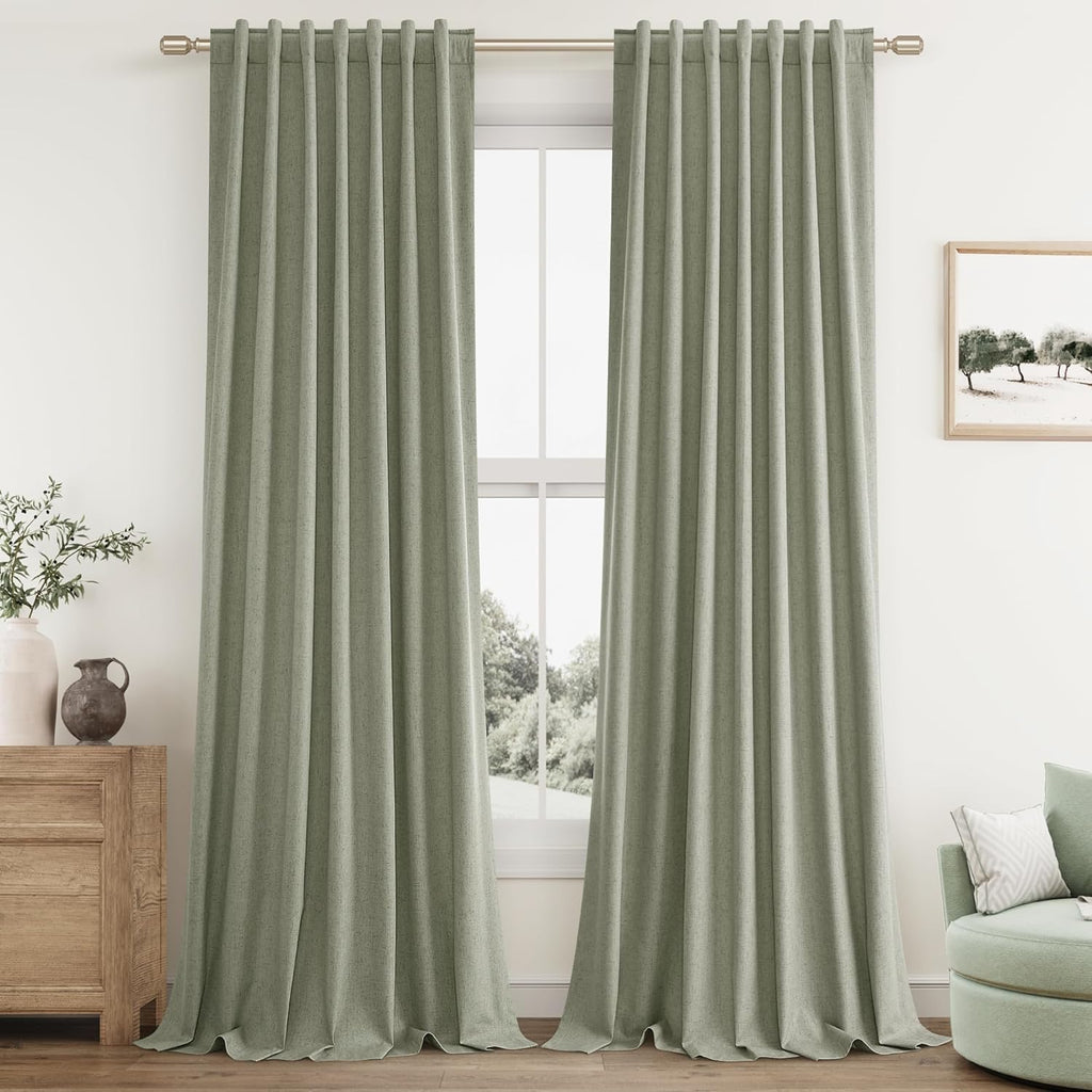 Guken Sage Green 100% Blackout Linen Curtains 84 Inch Length 2 Panels Set for Living Room Bedroom Back Tab Thermal Insulated Black Out Drap…