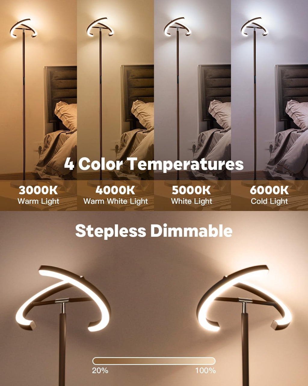 SIBRILLE Brown Floor Lamp, Modern Stepless Dimmable Standing Lamp with Remote Control, 22W 3000-6000K LED Rotatable Floor Light Uplighter…
