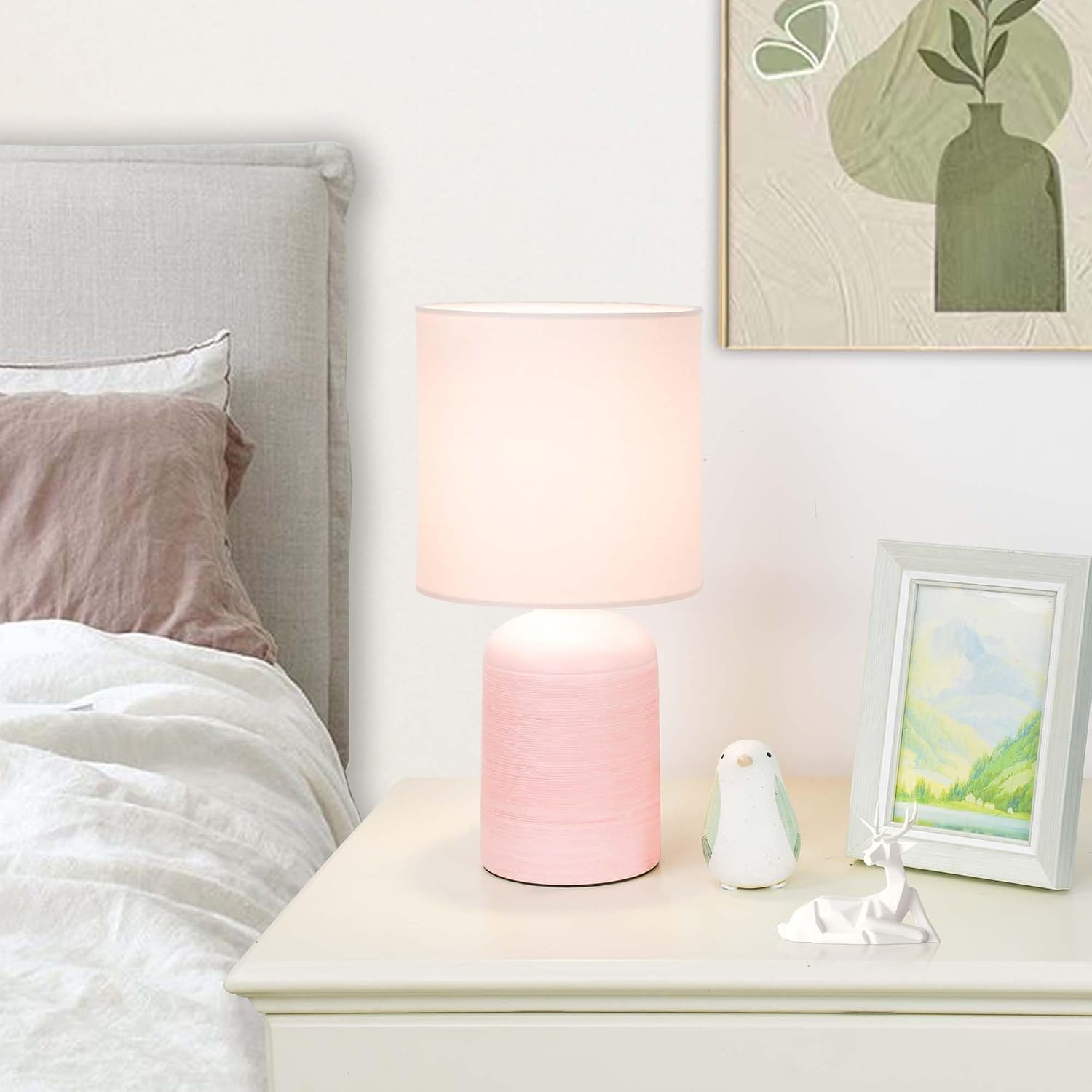 Maye Small Ceramic Table Lamp for Living Room and Bedroom, Modern Kids Night Table Lamp, Φ6.3×H13IN, Bulb Excluded, Light Pink