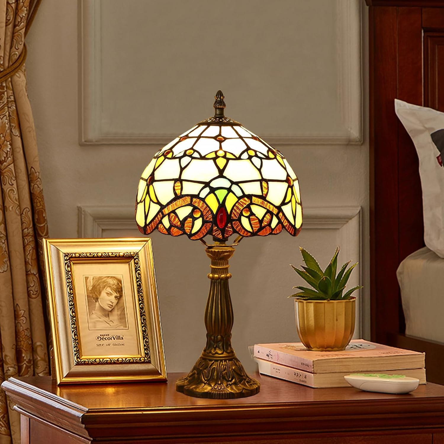 Tiffany Style Table Lamp, Baroque Style Stained Glass Lamp, 8 Inch Small Antique Lamp, for Bedside Nightstand Bedroom Living Room Home…