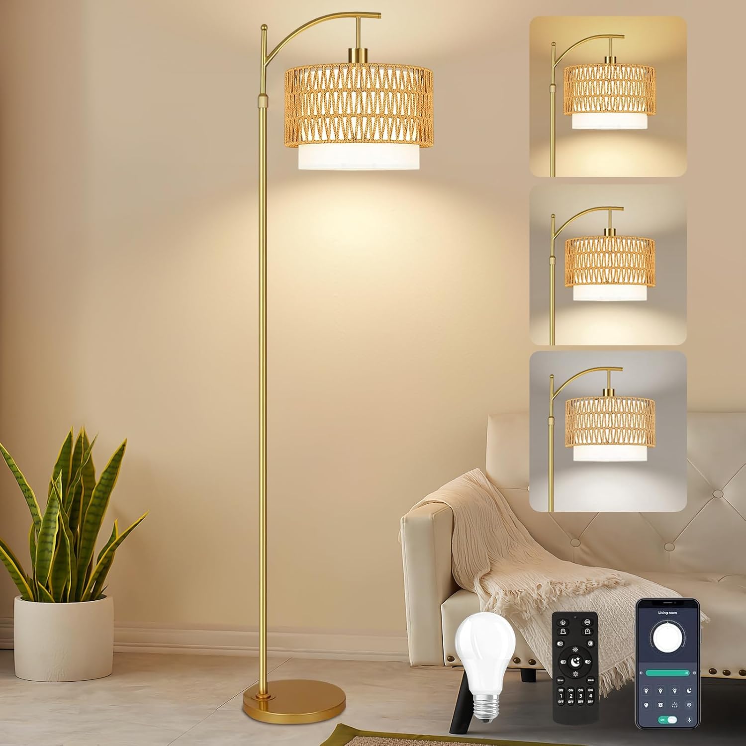 Gold Floor Lamps for Living Room Rattan Boho Floor Lamp with Remote Control & 3 Color Temperature, Dimmable Arc Floor Lamps Wicker Lamp…