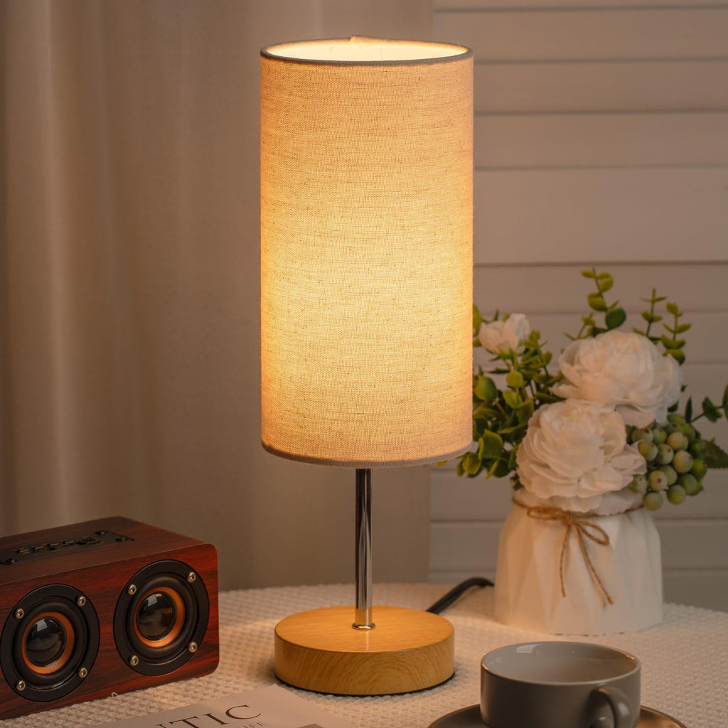 Small Bedside Table Lamp for Bedroom Nightstand, Round Linen Shade and Wood Base, Rustic Minimalist Night Lamps for Dresser, Living Room…