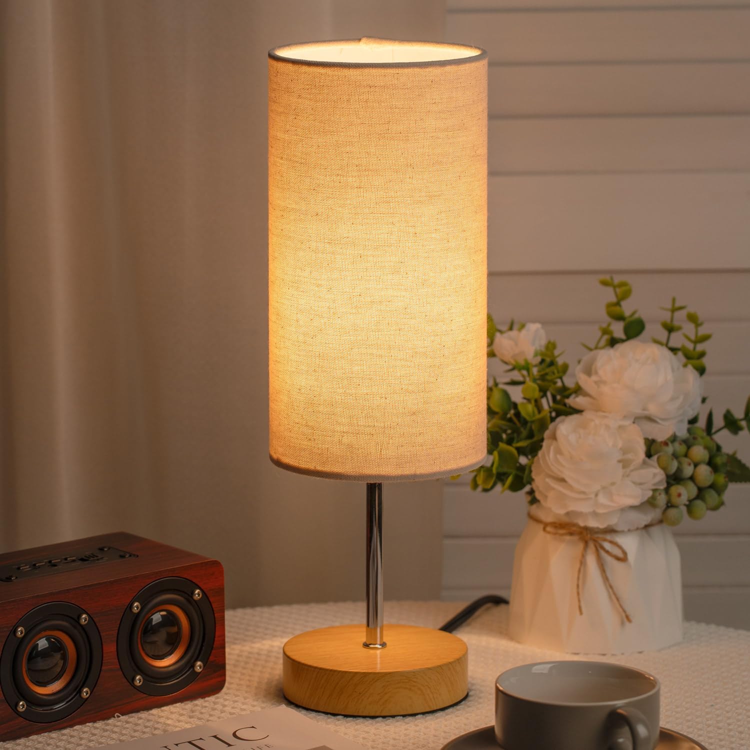 Small Bedside Table Lamp for Bedroom Nightstand, Round Linen Shade and Wood Base, Rustic Minimalist Night Lamps for Dresser, Living Room…