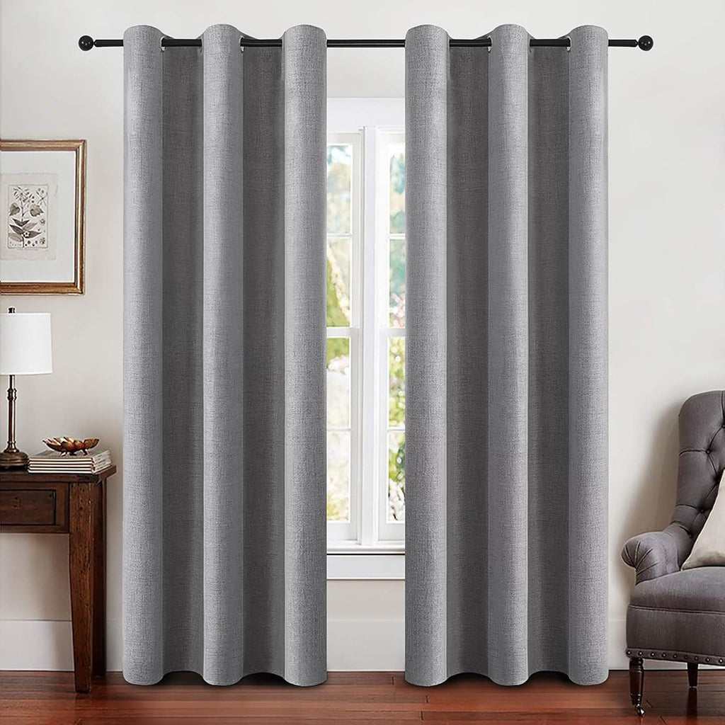 Miulee Linen Blackout Curtains and Drapes 100% Room Darken Thermal Insulated Grommet Window Panels with Coating 2 PCs W 42 x L 90 inches Gr…