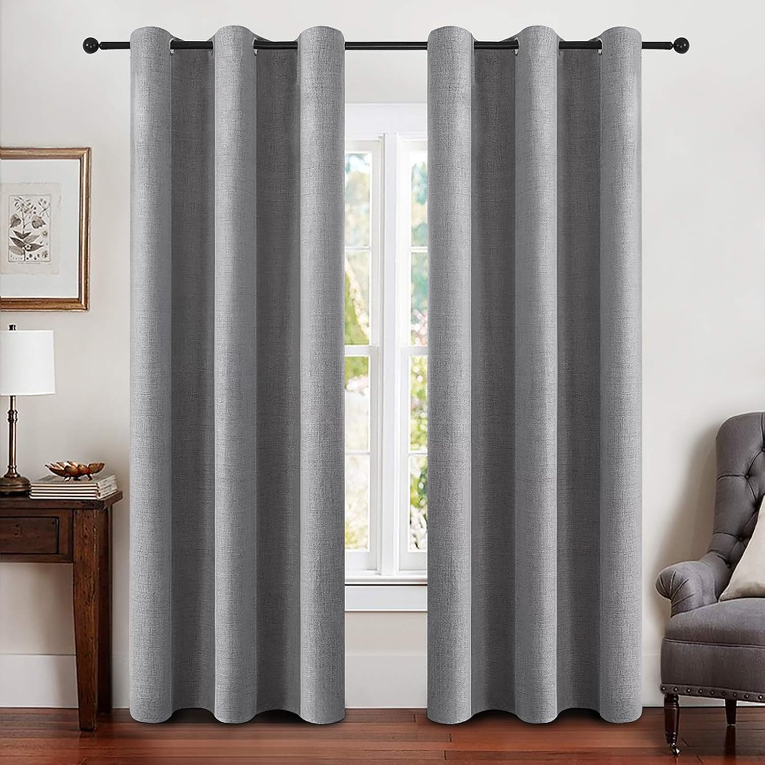 Miulee Linen Blackout Curtains and Drapes 100% Room Darken Thermal Insulated Grommet Window Panels with Coating 2 PCs W 42 x L 90 inches Gr…