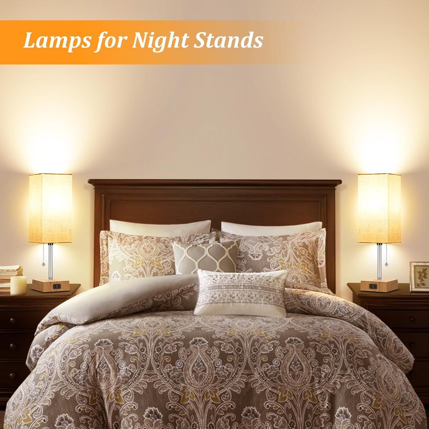 Table Lamp for Bedroom set of 2,3-Color Bedside Lamps with Pull Chain Table Lamps for Nightstand with AC Outlets, Small Night Light Lamps…