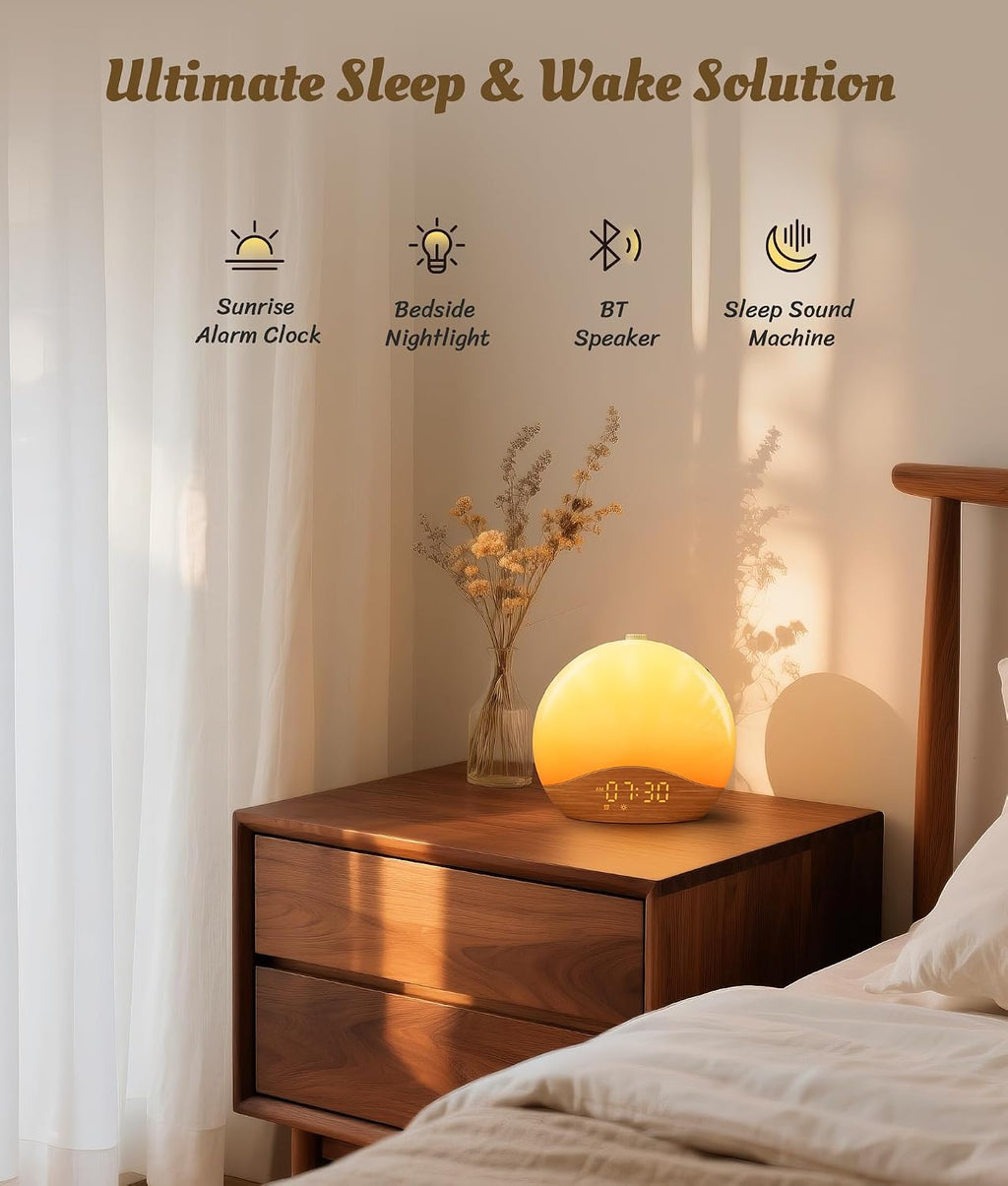ecozy Wood Grain Sunrise Alarm Clock, White Noise Sound Machine, Music-Sync Lights, Upgraded Backlit Buttons for Bedrooms, 26 Soothing…