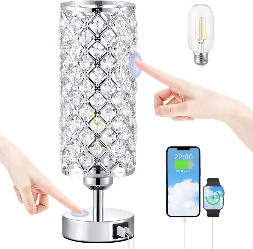 Crystal Touch Lamp with Touch Control, Sliver Table Lamp with USB-C+A Ports, 3 Way Dimmable Bedside Lamp Decorative Modern Nightstand…