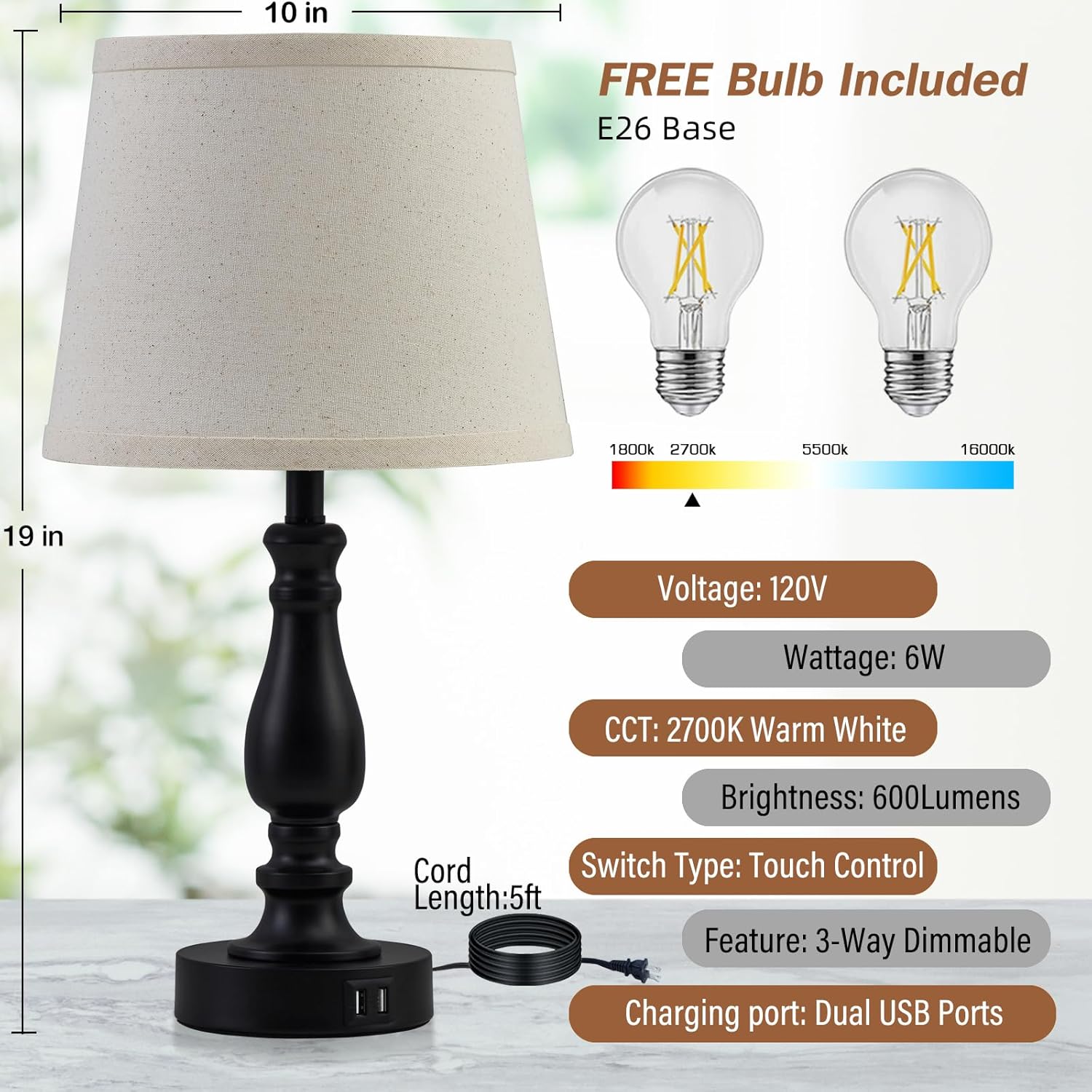 EJIAXIN Lamps for Bedroom Set of 2, Touch Bedside Table Lamp with USB C+A Ports, Dimmable Nightstand Lamps with Round Fabric Linen…