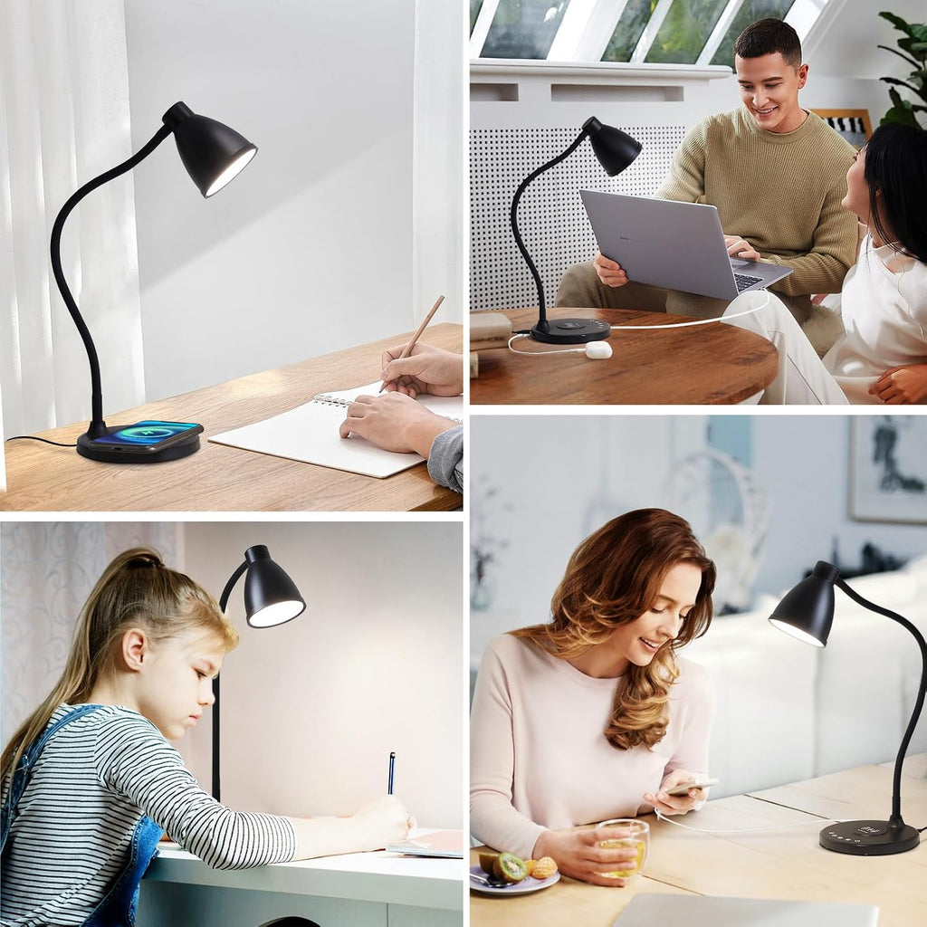 BOHON Desk Lamp for Home Office, LED Desk Light with USB C+A Charging Ports, Wireless Charger, 5 Colors Stepless Dimming Reading Light…
