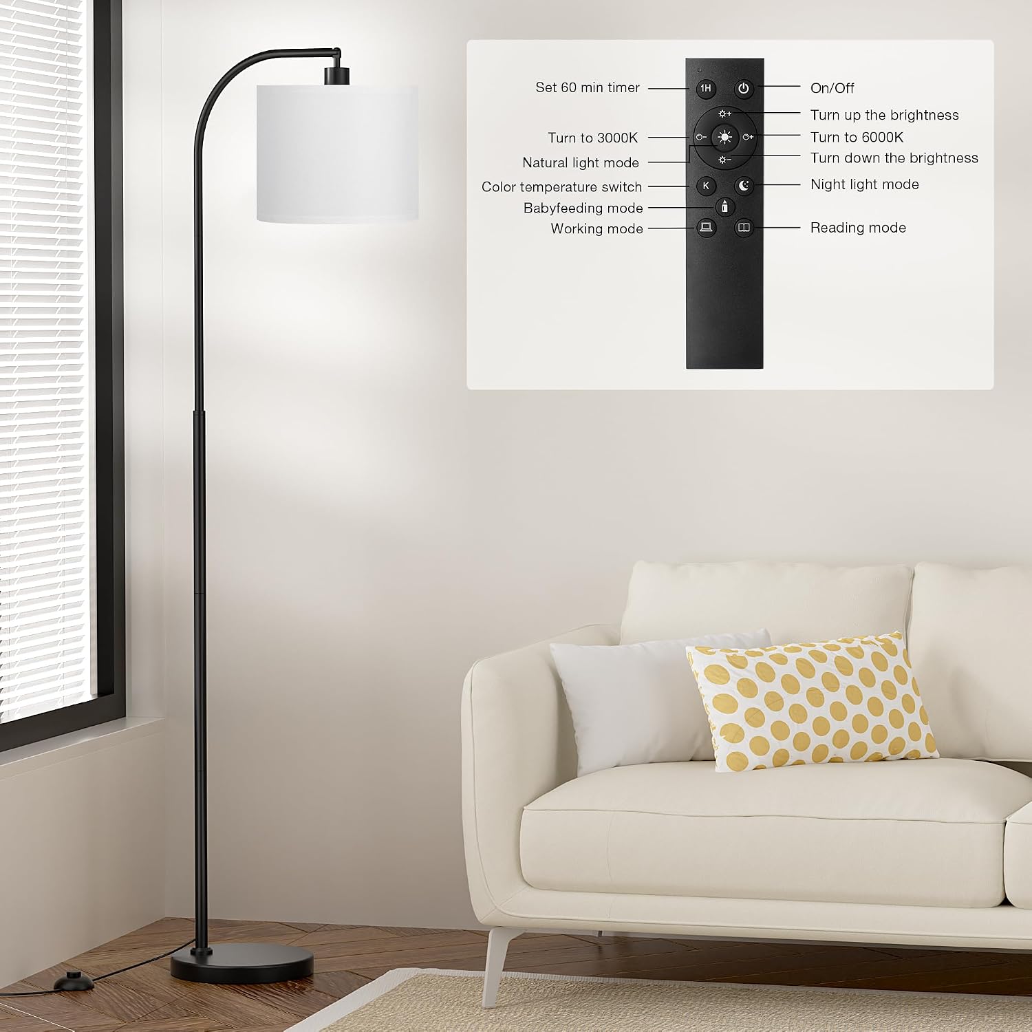 Ambimall Arc Floor Lamp with Remote and Stepless Dimmable Bulb, Colors Temperature & Brightness Adjustable, Floor Lamps for Living Room(Whi…