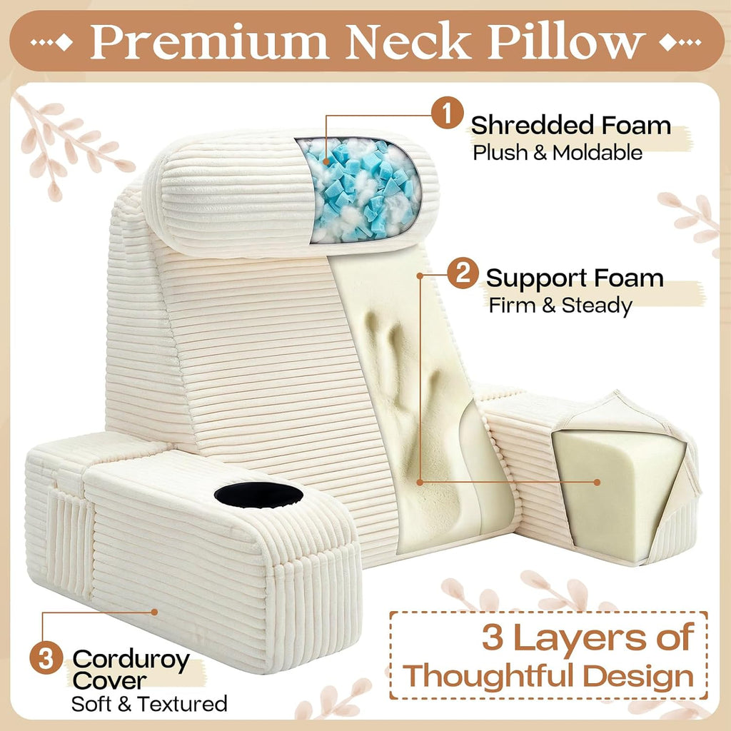 Reading Pillow/Backrest Pillow with Arms, Cup Holder & Phone Pocket - Bed Rest Pillow with Adjustable Headrest, Corduroy Fabric for Back…