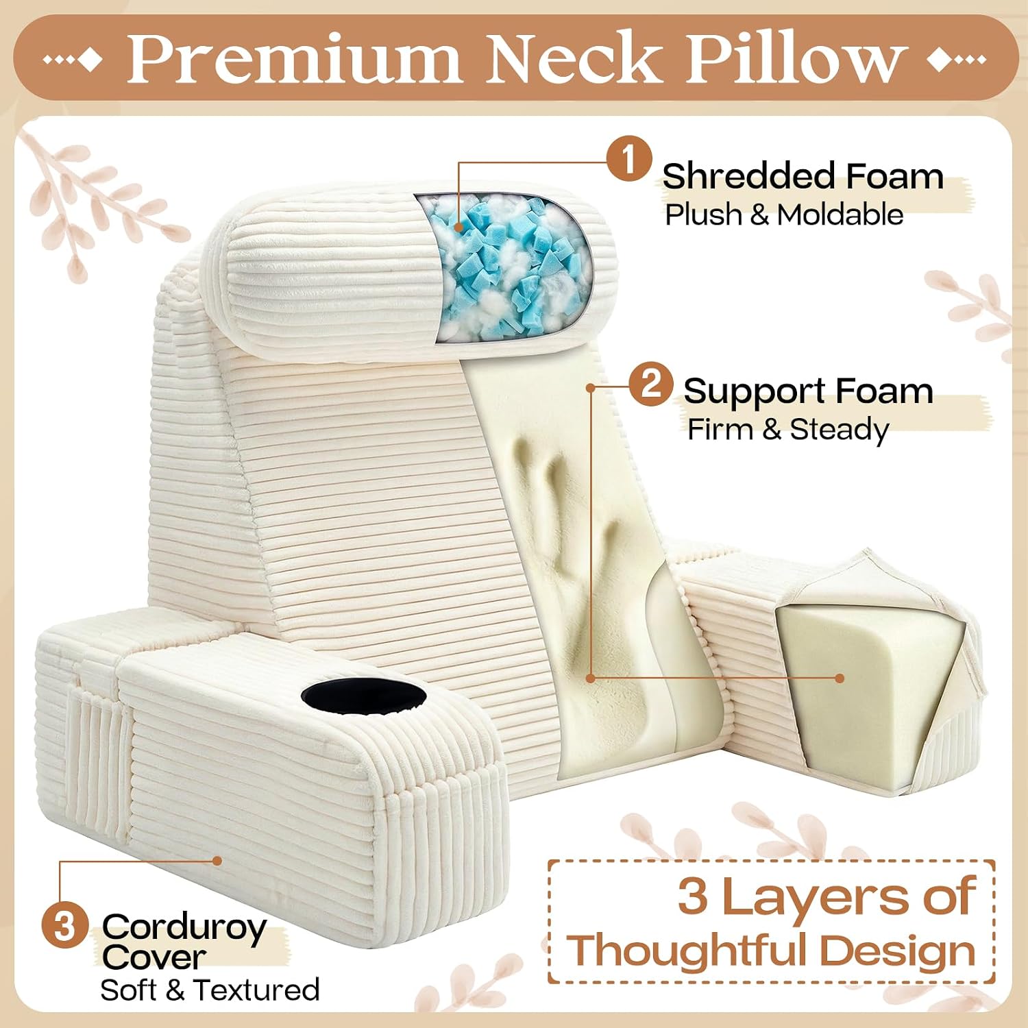 Reading Pillow/Backrest Pillow with Arms, Cup Holder & Phone Pocket - Bed Rest Pillow with Adjustable Headrest, Corduroy Fabric for Back…