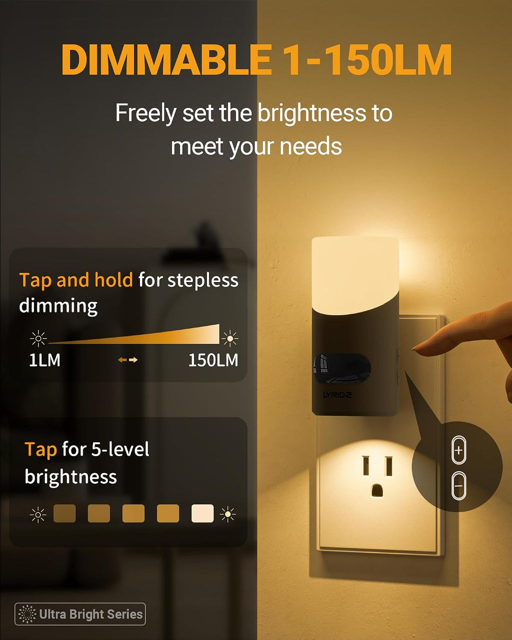 Lyridz LED Night Lights Plug into Wall with Motion Sensor, 1-150LM Dimmable Plug-in Nightlight Indoor for Bedroom, Bathroom, Hallway…