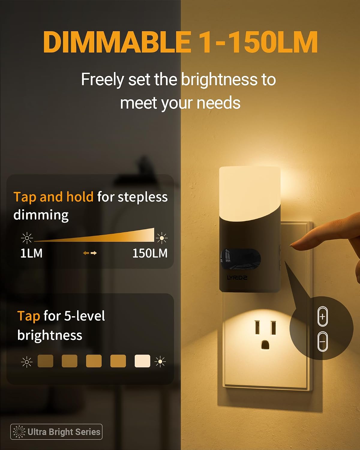 Lyridz LED Night Lights Plug into Wall with Motion Sensor, 1-150LM Dimmable Plug-in Nightlight Indoor for Bedroom, Bathroom, Hallway…