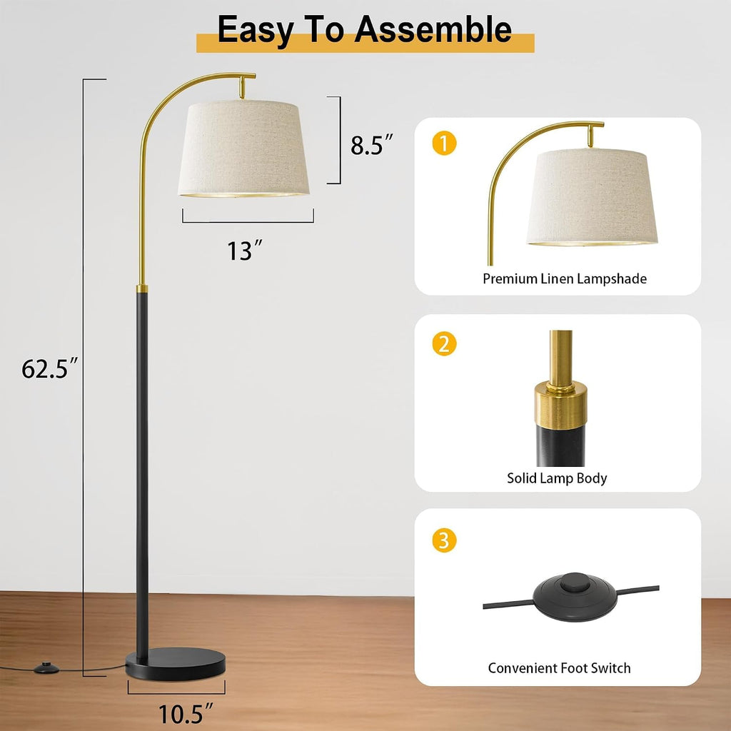 G-SAFAVA 62.5" Floor Lamps for Living Room with Foot Switch Arc Tall Standing Lamp for Bedroom Mid Century Modern Corner Gold Black Floor…