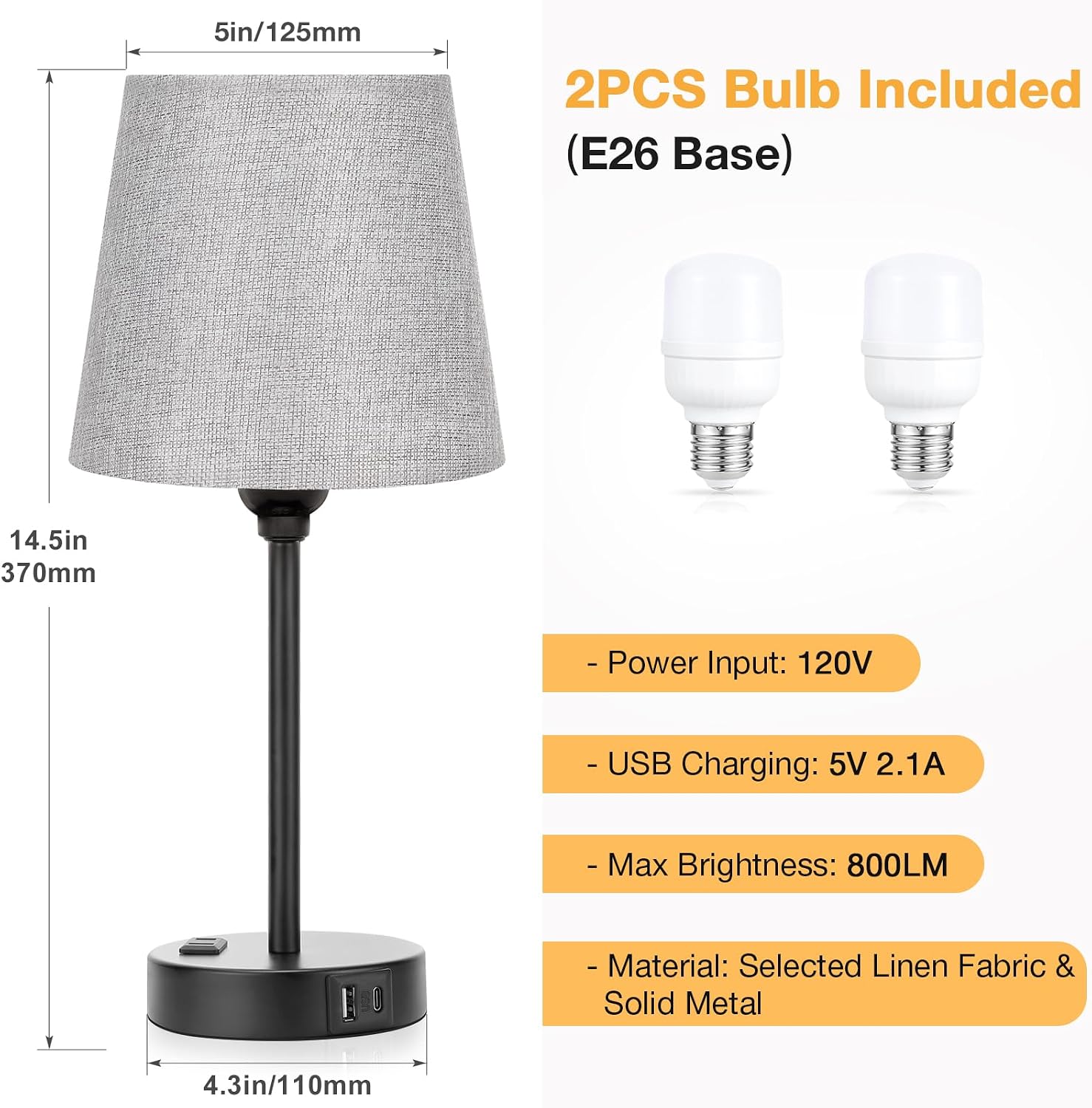 Grey Bedside Lamps for bedrooms Set of 2 - Nightstand Bedroom Lamp with USB C Port and AC Outlet Charging, 3 Way Dimmable Touch Control…