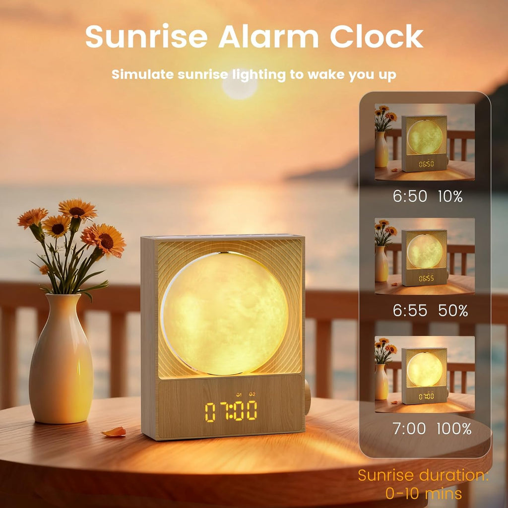 Epochleno Sunrise Alarm Clock, 360-Degree Rotating Moonlight & 10 White Noise Sounds, Dual Alarm & Snooze for Heavy Sleeper, Timer, Wooden…
