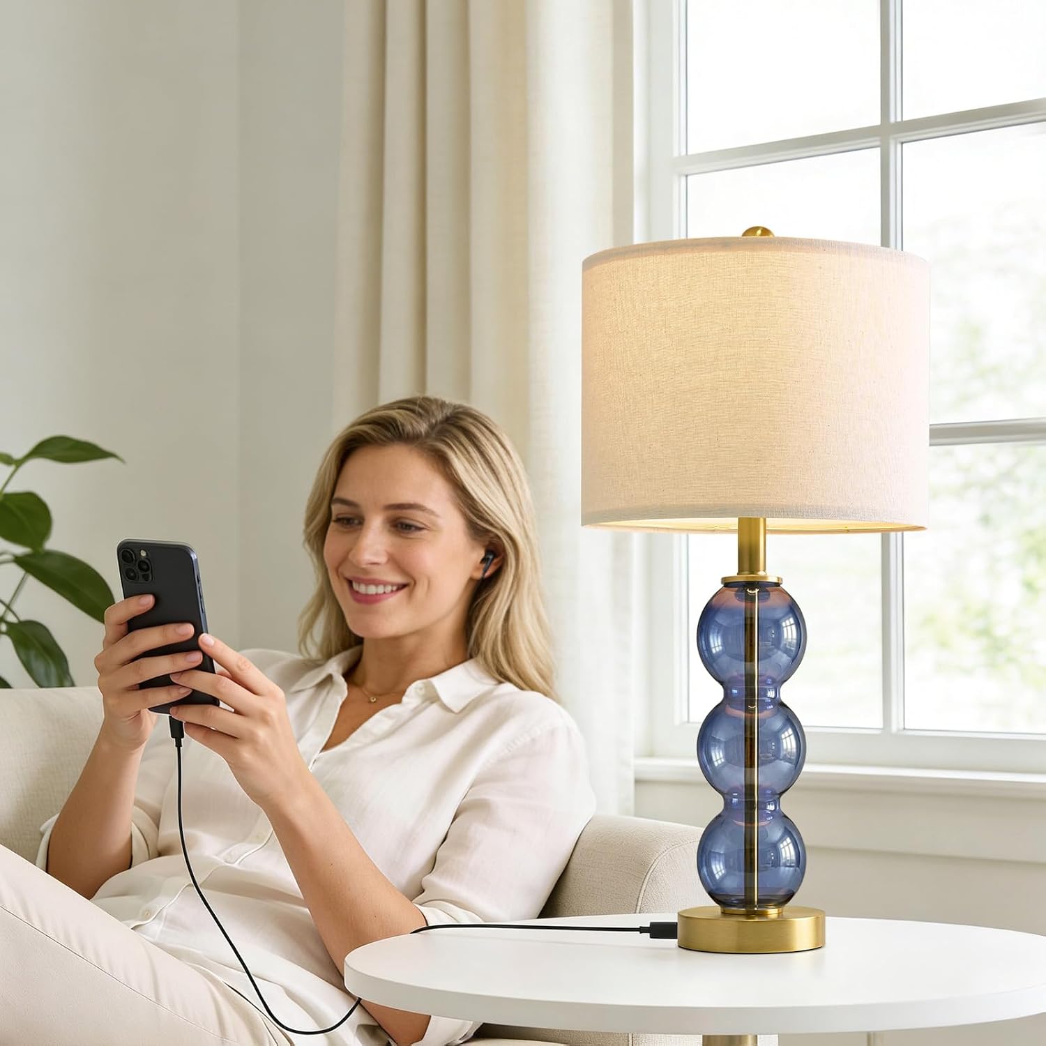 Oneach 25" Blue Table Lamps for Living Room, Glass Modern Table Lamp Set of 2, USB Charging Ports, Linen Shade, Bedside Lamps for Bedroom,…
