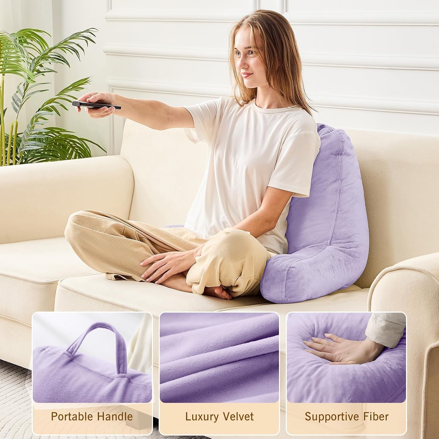 Sasttie Reading Pillow, Velvet Back Pillow for Bed Sitting Up, Adult Back-Rest Support Cushion with Arms for Sit Up on Couch, Sofa, and…