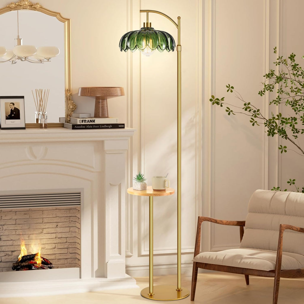 QIYIZM Glass Floor Lamp with Table and Shelves for Living Room Bedroom, Gold Standing Lamp with Remote Dimmable, Boho Brass Tall Lamp…