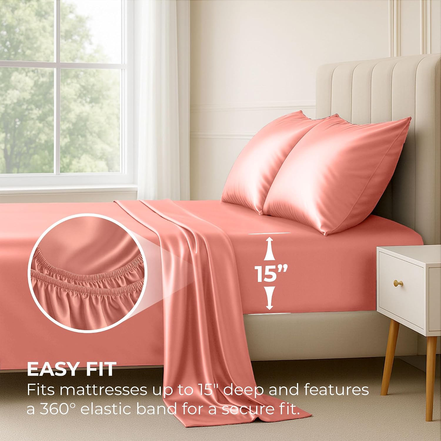 PureBedding Pure Bedding Satin Sheets Queen [4-Piece, Blush Pink] Hotel Luxury Silky Bed Sheets - Extra Soft 1800 Microfiber Sheet Set, Wri…