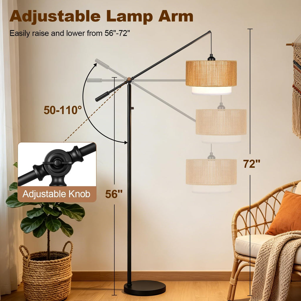 Upgraded】Boho Dimmable Floor Lamps with Adjustable Swing Arm, 1100 Lumens Bulb Included, Modern Arc Standing Lamp with Rattan & Fabric…