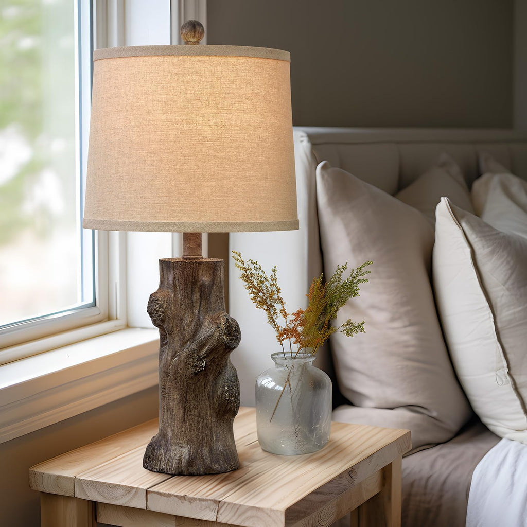 OYEARS 23"Resin Table Lamps for Living Room Set of 2 Country Cottage Farmhouse Lamp for Bedroom Tree Trunk Wood Grain with Oatmeal Fabric…