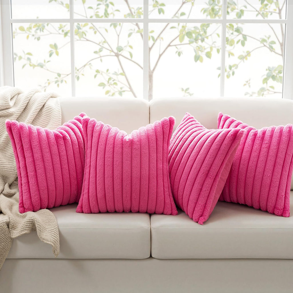 Miulee Faux Fur Plush Decorative Throw Pillow Covers 18x18 Set of 4, Spring Modern Soft Fuzzy Striped Cushion Covers for Sofa Couch Bed Liv…