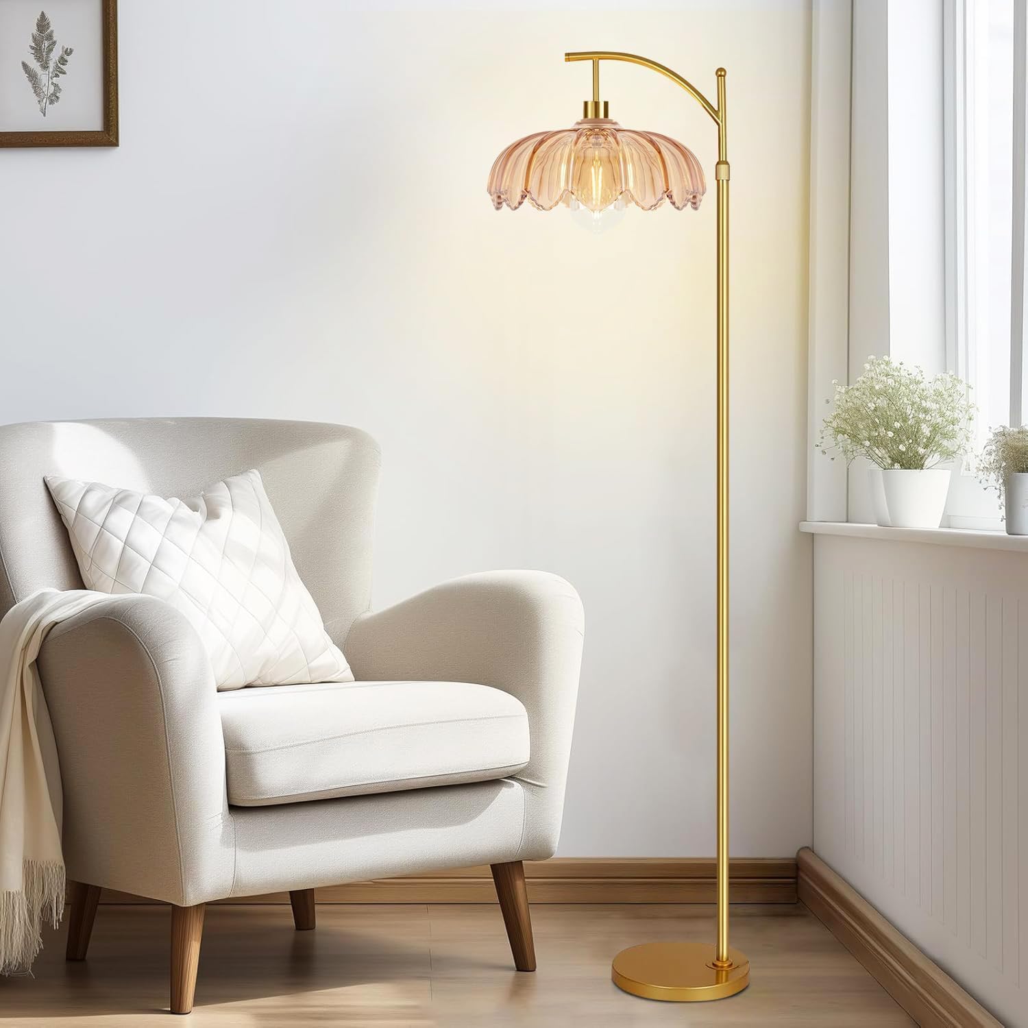 Vintage Floor Lamps for Living Room Glass Floor Lamp with Remote Control & 3 Color Temperature, Dimmable Floor Lamp Gold Mid Century…