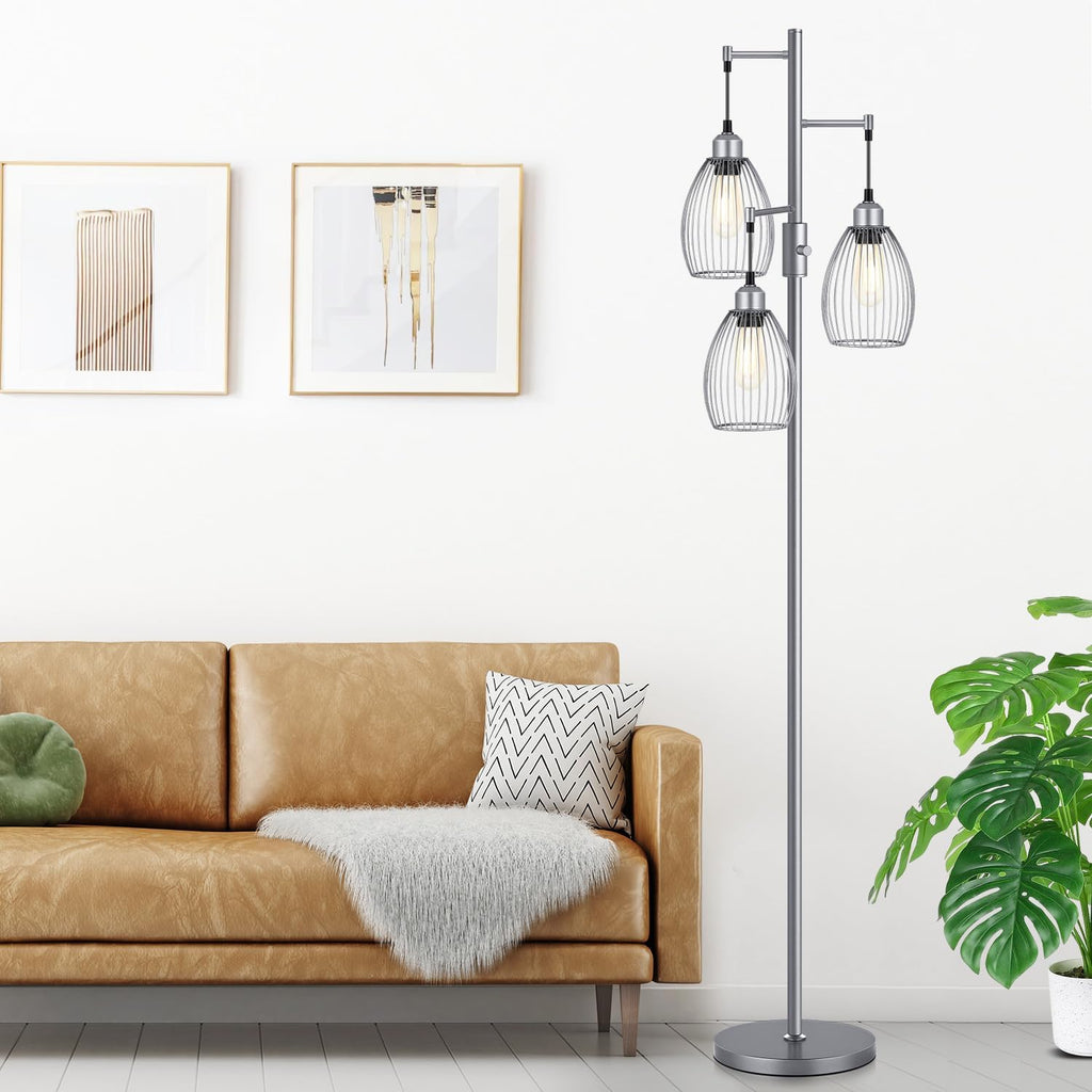Torondo Dimmable Industrial Floor Lamps for Living Room, Gray Tree Standing Tall Lamps with 3 Elegant Teardrop Cage Head & 800 Lumens LED…