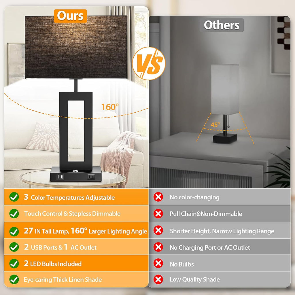 27.2’’ Tall Black Table Lamps for Living Room Bedroom, Bedside Touch Control Lamps with 2 USB Ports&AC Outlet, 3 Color Temp.&Stepless…
