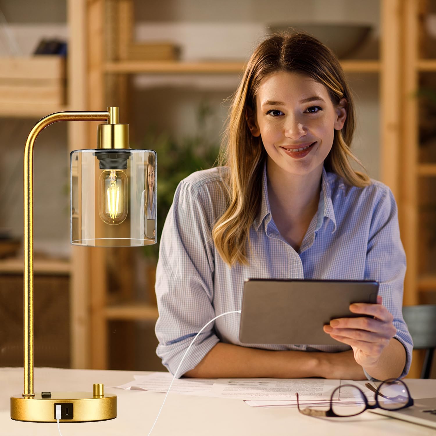 Lynnoland Set of 2 Industrial Table Lamps with USB Port, Gold Fully Stepless Dimmable Bedside Lamps for bedrooms, Nightstand Desk Lamp…