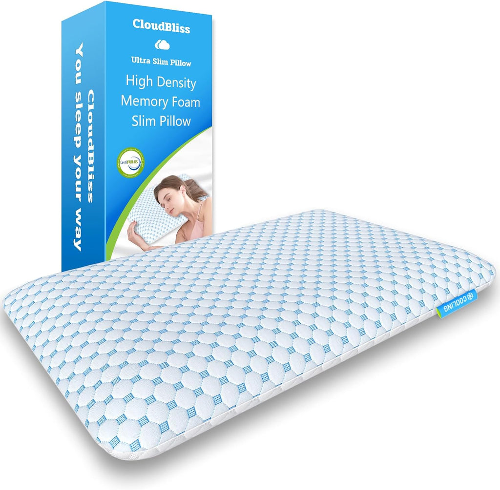 CloudBliss Ultra 3.3” Pillows for Side | Back | Stomach Sleepers, Memory Foam Flat Pillow, Low Profile Sleeper Pillows with Double Sid…