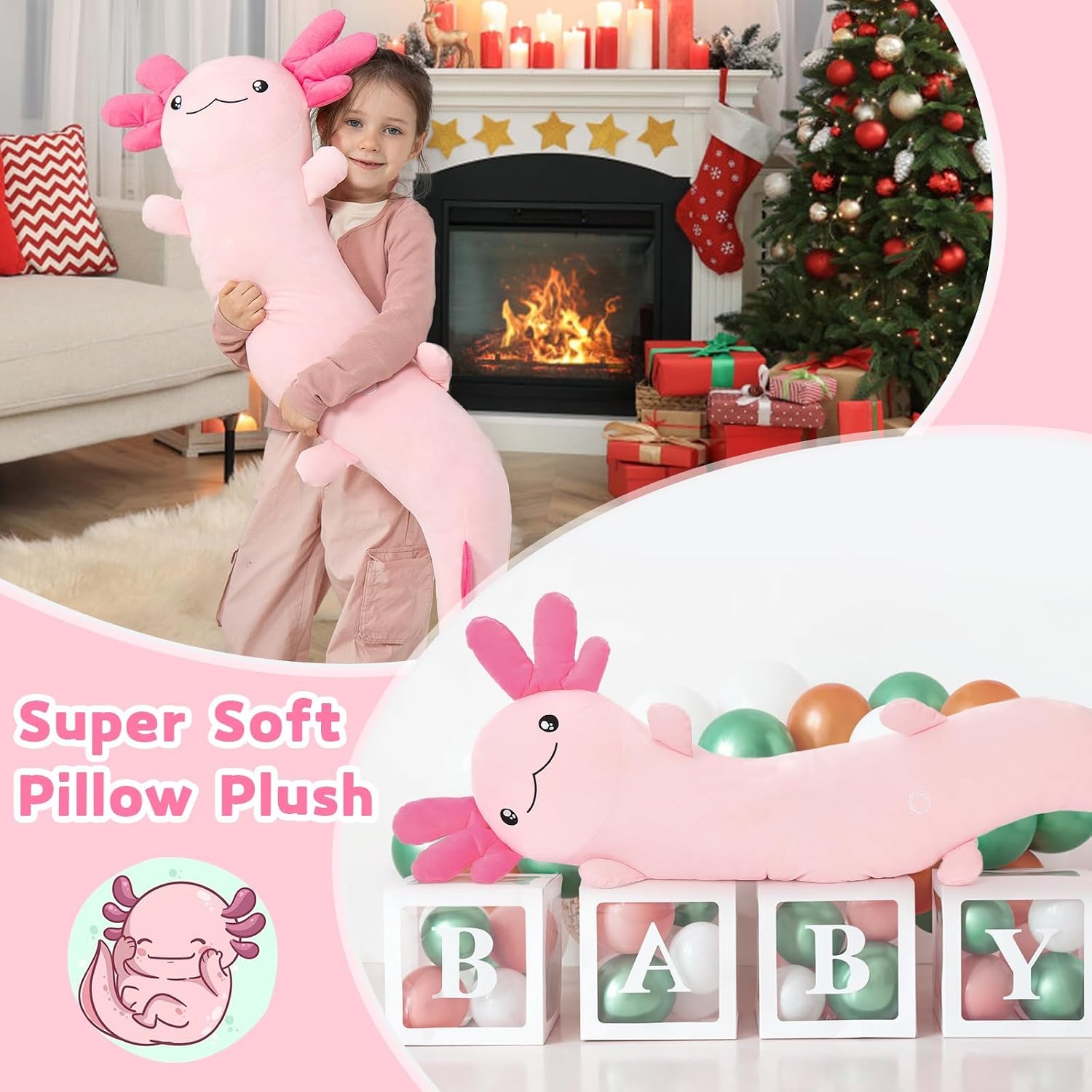 MaoGoLan Giant Axolotl Plush Body Pillow for Girls, Hot Pink Axolotl Stuffed Animal for Kids Adults, Large Salamander Plush Glow in The Dar…