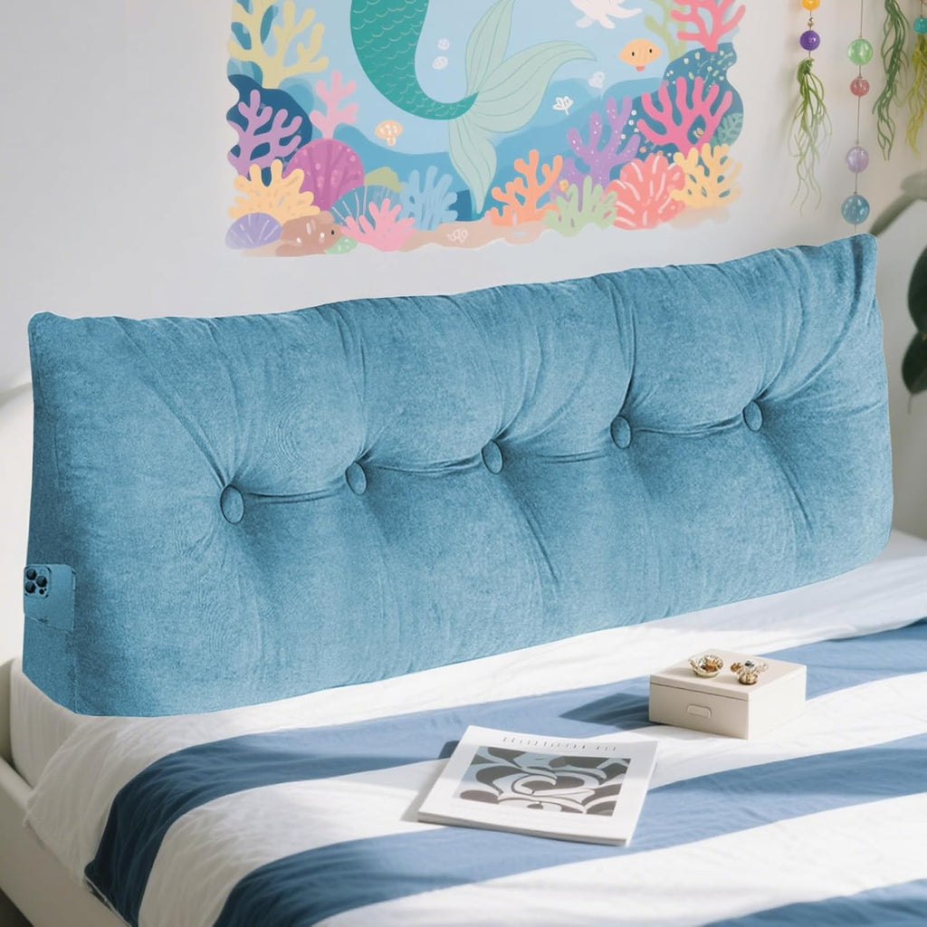 Dizaolive Headboard Pillow Queen, Triangular Bed Wedge Backrest Reading Pillow Cushion for Dorm Sofa Day Bed 8 inches cotton Blue
