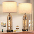 Seealle Table Lamp for Living Room Set of 2 - Wood-Like Bedside Lamp for Bedroom with USB C+A & Outlet, Farmhouse Lamps for Night Stands…