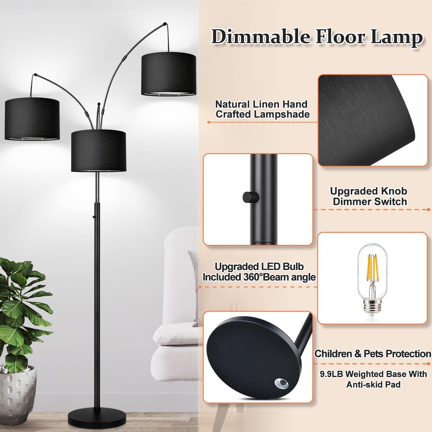 Dimmable Floor Lamp - 3 Lights Arc Floor Lamps for Living Room, 1000LM Modern Tall Standing Lamp With Black Shades & Heavy Base, Mid…