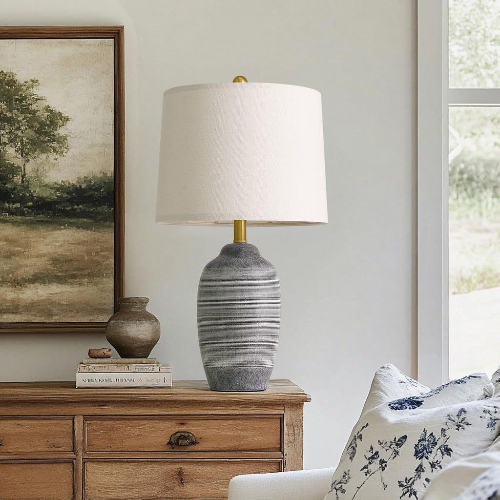 USumkky 24.5" Vintage Ceramic Table Lamp with 5FT Cord, Single Farmhouse Rustic Bedside Lamp with Natural Textured Finish, Nightstand…