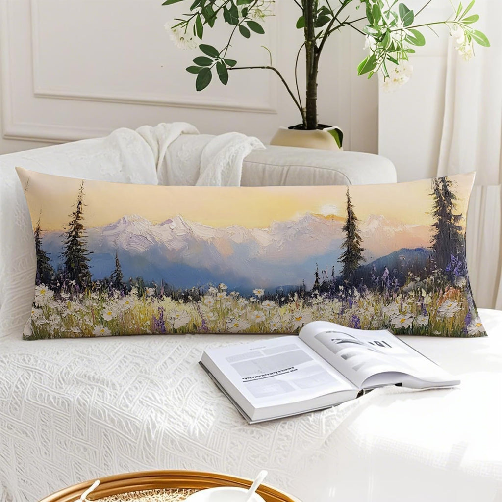 Farmhouse Wildflowers Floral Mountain 20x54 Body Pillow Cover, Cottagecore Room Decor, Rustic Country Forest Nature Landscape Decorative…