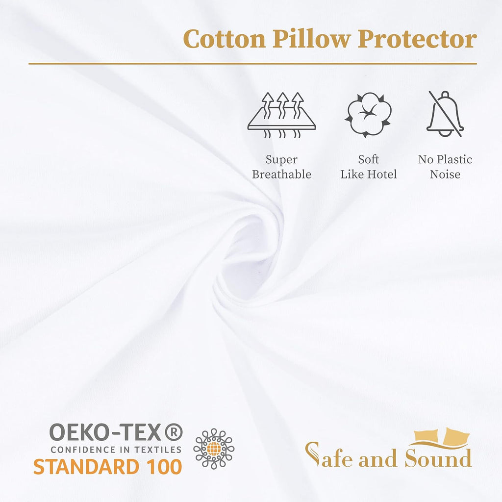 SafeandSound Standard Size Waterproof TPU Coating Pillow Protector with Zipper, Cotton Breathable Quiet Pillow Encasement Superior Moisture…