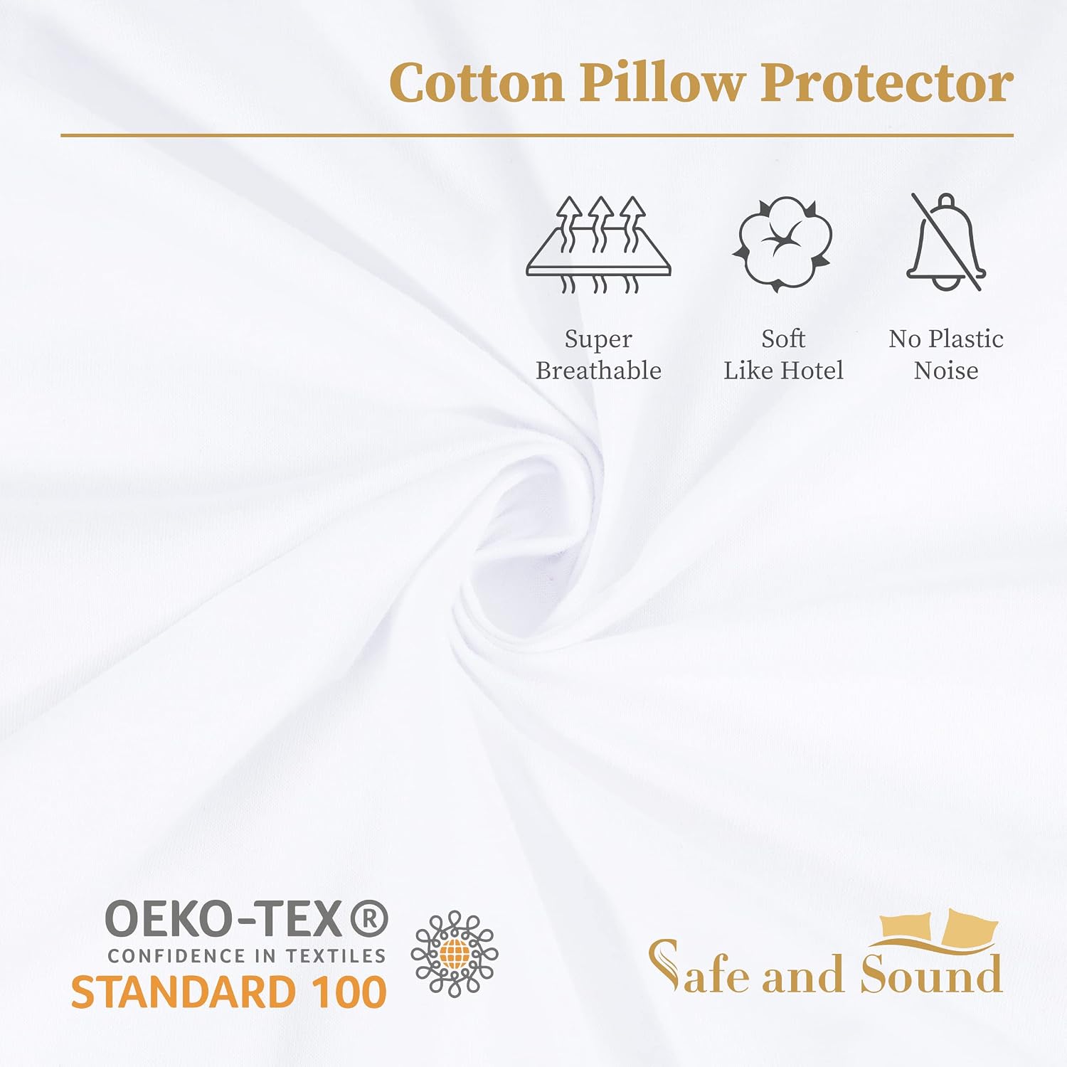 SafeandSound Standard Size Waterproof TPU Coating Pillow Protector with Zipper, Cotton Breathable Quiet Pillow Encasement Superior Moisture…