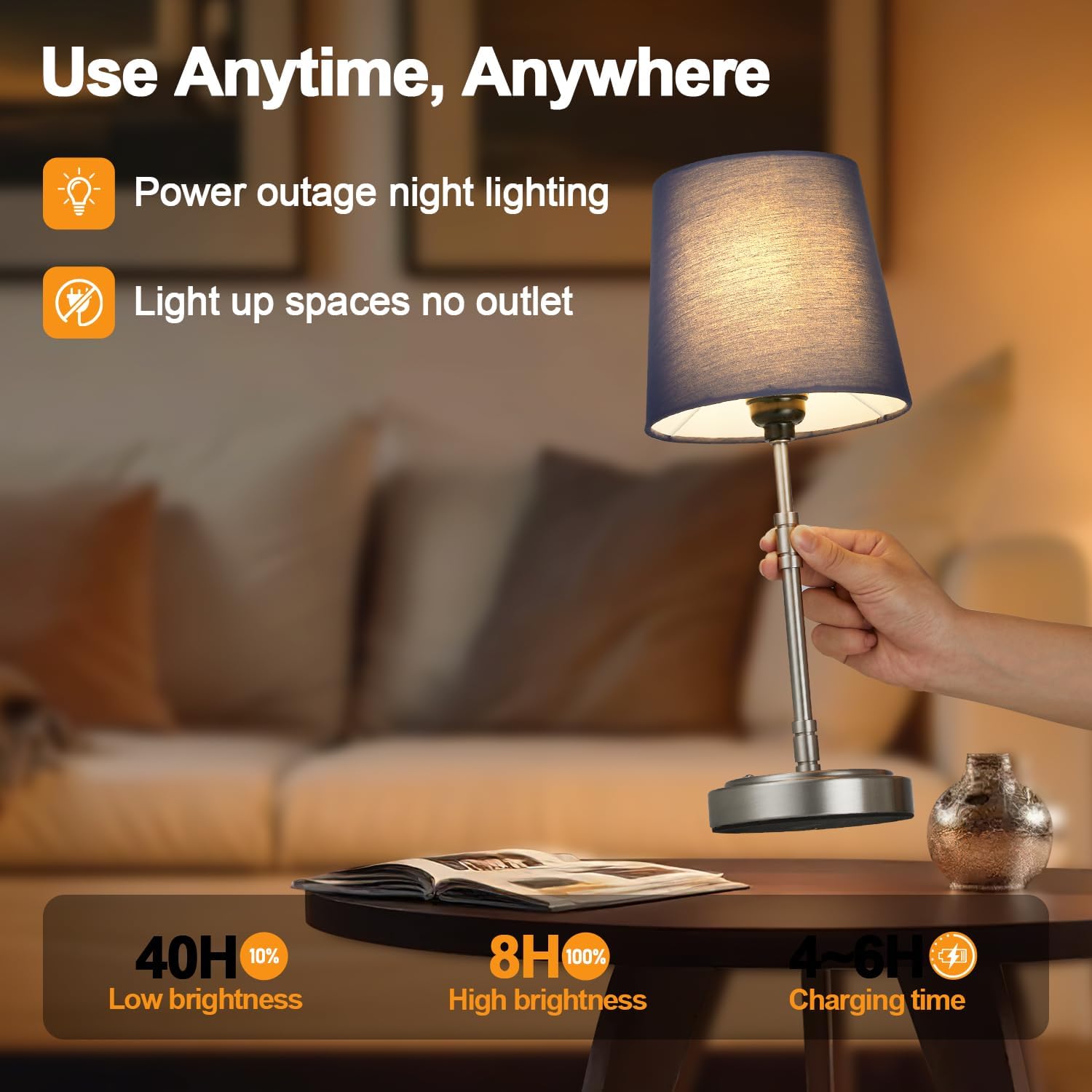 Cordless Table Lamps Set of 2 – Battery Operated Lamp with 7500mAh Rechargeable Battery, Stepless Dimmable Brushed Nickel Lamps with Blue…