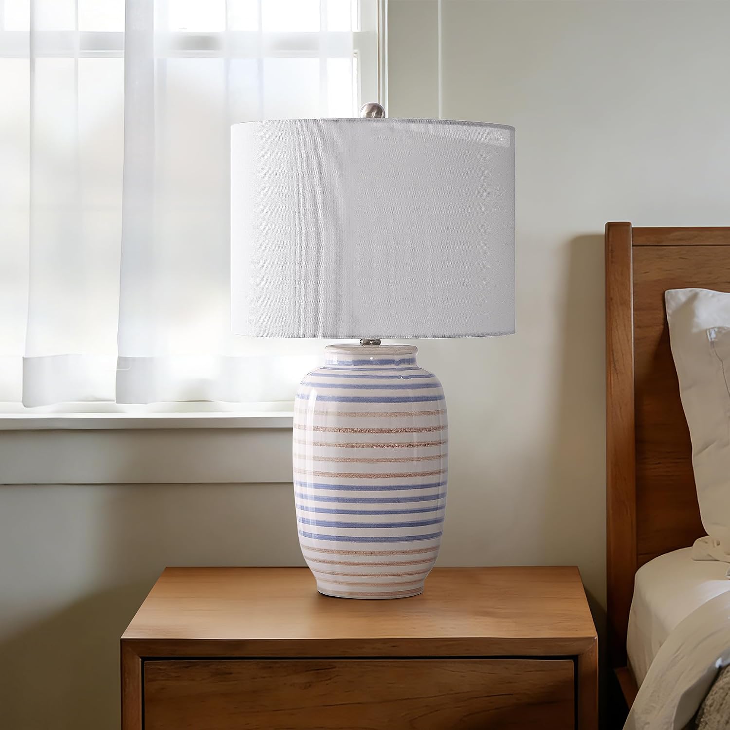 Maxax Modern Ceramic Table Lamp for Bedroom, 25" White Bedside Lamp for Living Room, Farmhouse End Table Lamp with White Farice for…