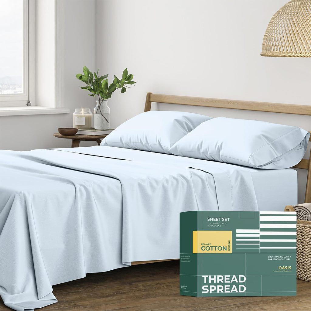 THREAD SPREAD 100% Organic Cotton Sheets Queen Size - 4 PC Organic Cotton Queen Size Percale Weave Sheet Set, Soft, Cooling, Crisp &…